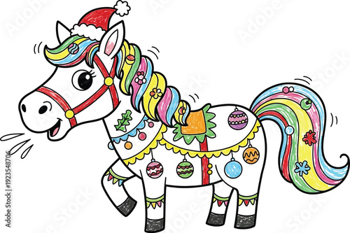 Adorable cartoon Christmas pony wearing a festive Santa hat and colorful decorations walks happily isolated on white background for holiday fun