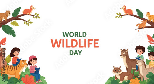 Illustration of children and animals on World Wildlife Day, promoting conservation awareness with colorful graphics and icons.