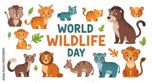 Colorful illustration of various animals for World Wildlife Day with vibrant, earthy tones and a lively composition.