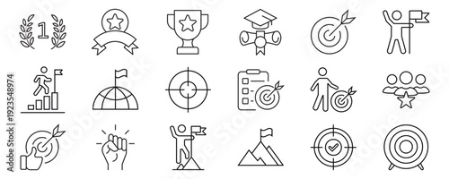 Goal Target icons set. Contains of success related icons: mission, winner, achievement, and more. Outline Icon Collection. Vector illustration. Editable stroke