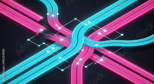 Neon lit highway interchange with pink and blue roads glowing white lights on dark background futuristic transportation network concept