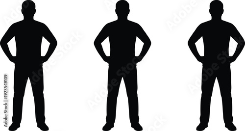 Confident male silhouette standing with hands on hips, strong body posture vector illustration set