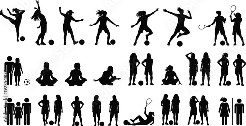 Active children silhouettes collection with soccer tennis yoga poses, boys and girls sports activities vector illustration set
