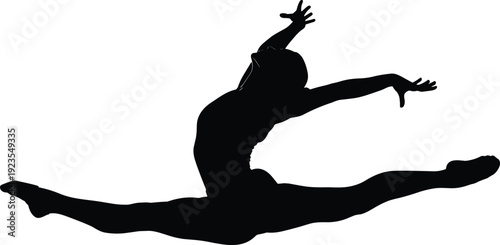 Dancer silhouette performing grand jeté split leap, contemporary ballet jump action isolated vector illustration