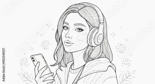 Coloring page for children - a teenage girl with headphones and a smartphone listening to lyrical music.