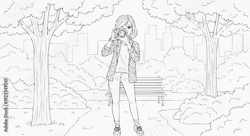 Coloring page for children - a teenage girl with a camera in a city park