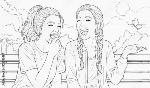 Two laughing teenage girls sharing a funny story in a park background