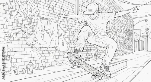Coloring page for children - a teenage skateboarder performing tricks on a city street with graffiti on the walls