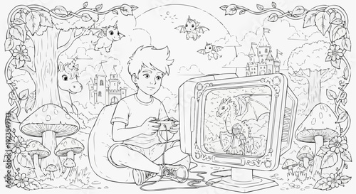 Coloring page for children - a teenage gamer playing a fantasy video game in a colorful world
