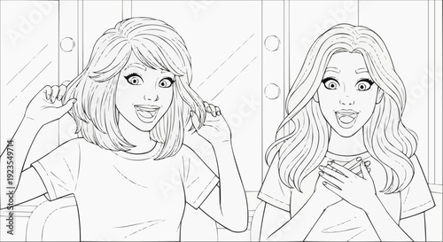 Coloring page for children - a teenage girl showing off her new hairstyle with excitement