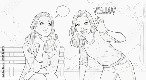 Coloring page for children - a teenage girl is lost in thought as her friend waves to her friends to get their attention