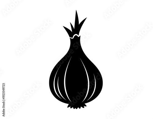 A black silhouette of a single onion with white highlights