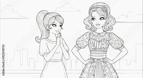 Coloring page for children - a teenage girl looks at her friend in a fashionable dress with admiration