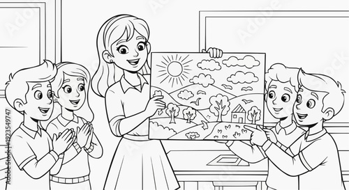 Teen girl proudly presenting her art project while friends look impressed in a classroom.