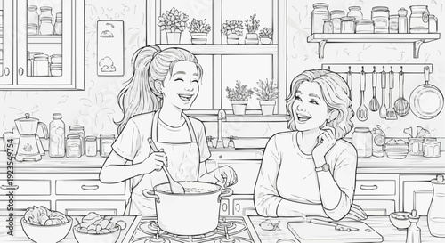 Coloring page for children - a young girl and her mother are laughing as they cook together in a cozy kitchen