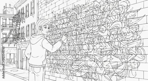 Young woman drawing graffiti on a wall in an urban setting
