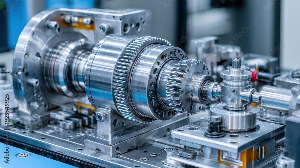 Fototapeta premium Close-up View of a High-Precision Mechanical Gear Assembly in Engineering Laboratory for Industrial Applications and Advanced Manufacturing Technology