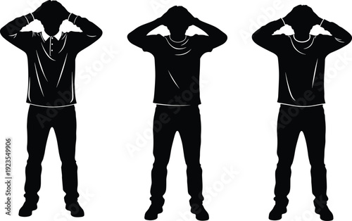 Stressed man silhouette holding head, anxiety depression concept illustration, frustrated male pose isolated vector set