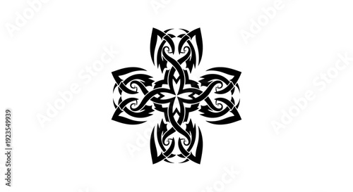 Intricate Celtic Cross Tattoo Design, Black Tribal Ornament on White Background