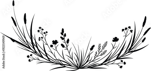 Black silhouette illustration of wild grasses and delicate meadow flowers forming an elegant curved border element against a stark white background.