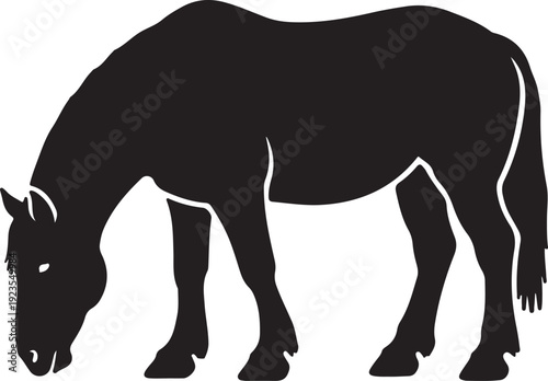 horse grazing, thick legs, strong body shape, simple flat icon design. in silhouette of white background.