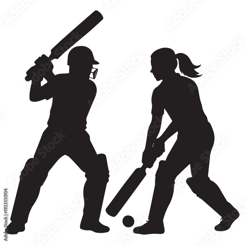Male and Female Cricket Player Silhouettes, Dynamic Vector Illustration Isolated on White Background for Sports Graphics.