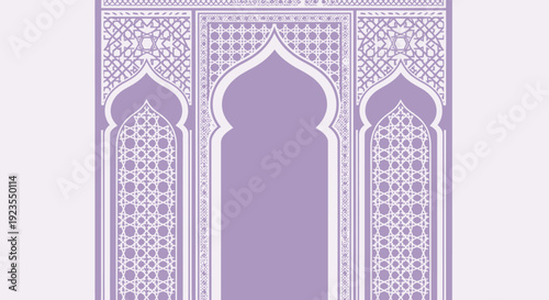 Intricate Islamic prayer rug pattern with arched doorways and geometric lattice