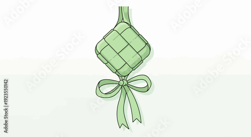 Ketupat Decoration with Green Ribbon Bow, Traditional Islamic Food Icon