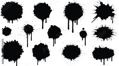 Collection of various black ink splatter and dripping paint spot silhouettes perfect for grunge graphic design projects and artistic texture overlays.