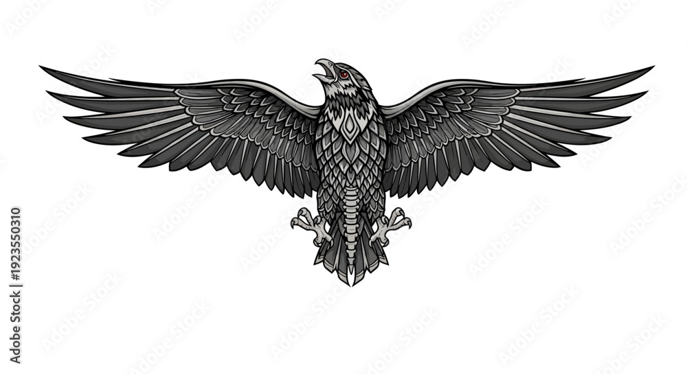 Obraz premium Majestic Raven Spreading Wings, Open Beak, Tribal Tattoo Style, Isolated