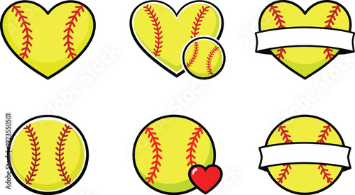 Yellow Softball Heart and Ball Icon Set