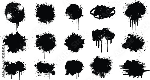 Collection of fifteen distinct black ink splatter and grunge spray paint drip brush stroke design elements isolated on a white background.