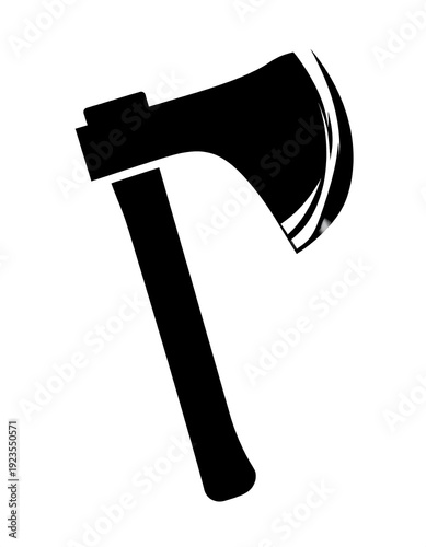 A black silhouette of an axe with a long handle and curved blade