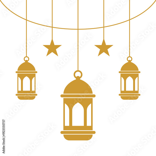 Golden Islamic Lantern and Star Border Flat Design Ramadan and Eid Mubarak Frame.	