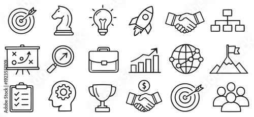 business strategy and leadership icon set, minimal outline management symbols