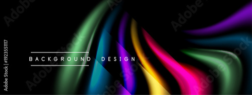 Abstract colorful waves flow across black background. Modern design elements create dynamic visual impact. Smooth gradients enhance aesthetic appeal.