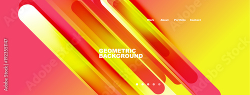 Abstract geometric background features vibrant orange, yellow gradients. Text includes work, about, portfolio, contact. Dots indicate navigation.