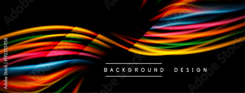 Abstract colorful waves flow across black background. Dynamic lines create modern visual effect. Bright hues contrast dark space.