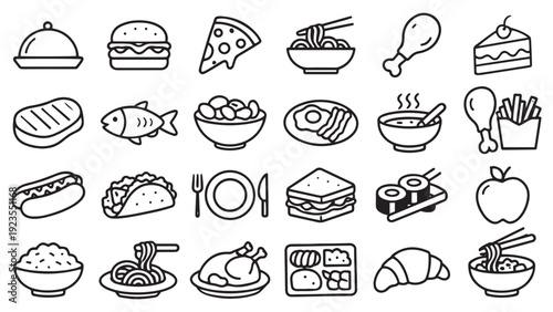 food and restaurant icon set, minimal outline delicious meal symbols