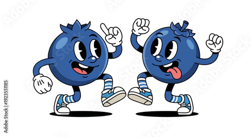 Two cartoon blueberries with arms and legs dancing joyfully.