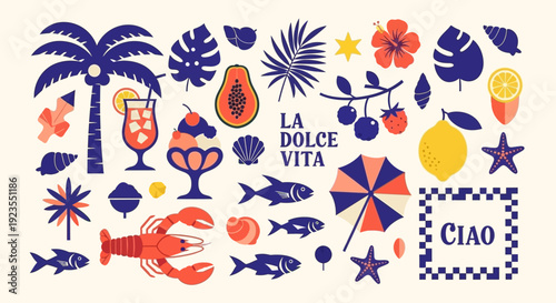 A vibrant collection of tropical and Italian-themed illustrations, featuring a palm tree, cocktails, fruits, seafood, and beach elements.