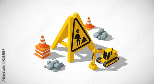 Caution Sign and Excavator Model.