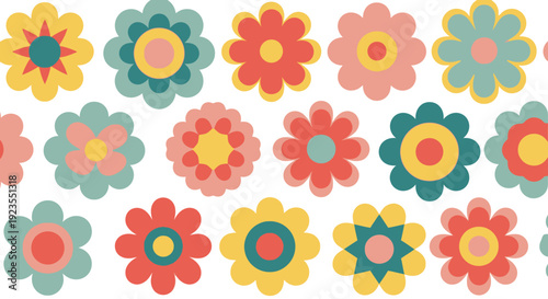 A vibrant collection of retro-style flowers in various colors and shapes.