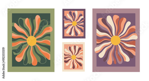 A collection of three abstract floral art prints featuring a central yellow circle surrounded by wavy petals in shades of orange, green, and beige.