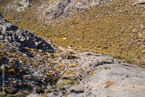 Obraz na plátne Scattered debris and an abandoned cart are visible on a barren, sunlit slope with sparse vegetation and rugged rocks near Argentiera, Sardinia