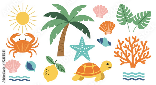 A vibrant collection of tropical beach elements including a crab, palm tree, starfish, turtle, shells, coral, sun, and tropical leaves.