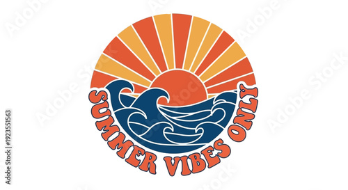 Retro sunset over ocean waves with "Summer Vibes Only" text, evoking a nostalgic and carefree summer feeling.