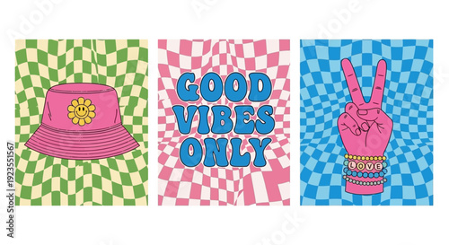 A triptych of groovy, retro-inspired illustrations featuring a pink bucket hat, the phrase "GOOD VIBES ONLY", and a hand making a peace sign, all set against warped checkerboard backgrounds.