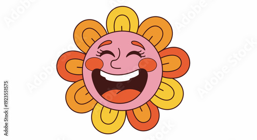 A cheerful, retro-style cartoon flower with a wide, laughing smile and rosy cheeks.
