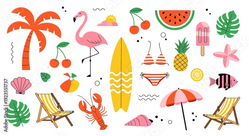 A vibrant collection of summer-themed illustrations featuring a flamingo, surfboard, beach chairs, palm tree, and tropical fruits.